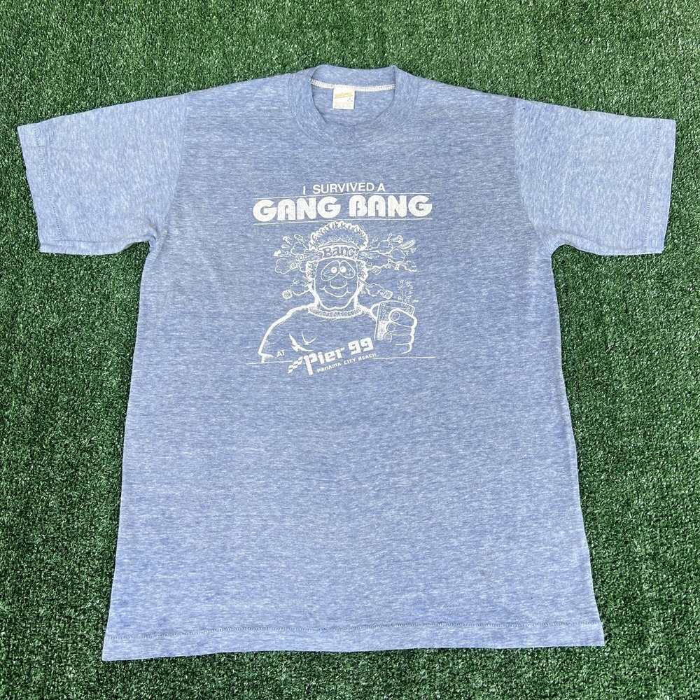 Vintage 80s Funny Sexual Joke Quote I Survived a Gang Bang Blue T-Shirt Medium - Picture 2 of 7